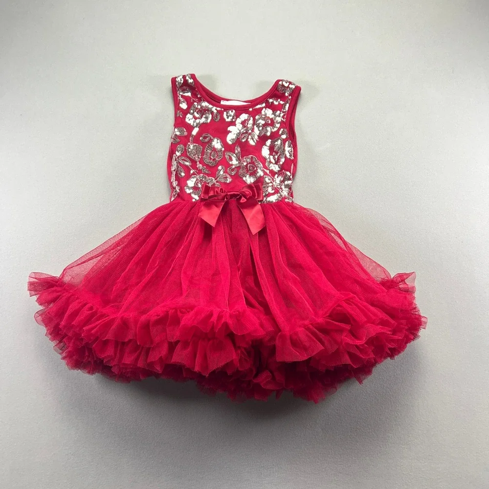 Popatu Sequin Ruffle Tutu Dress Girls XS 2-3 Red Butterfly Round Neck Formal